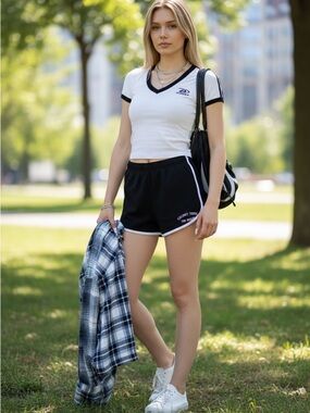 White V Neck Sport Tee Slim Fit Contrast Trim Y2K S